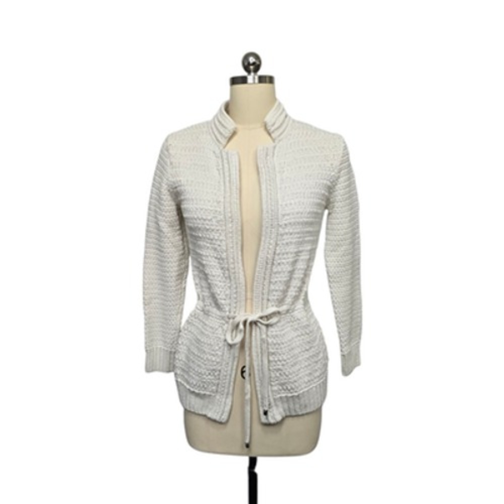 St. John Sweater Womens Petite Ivory Textured Knit Cardigan Tie Waist Open Front